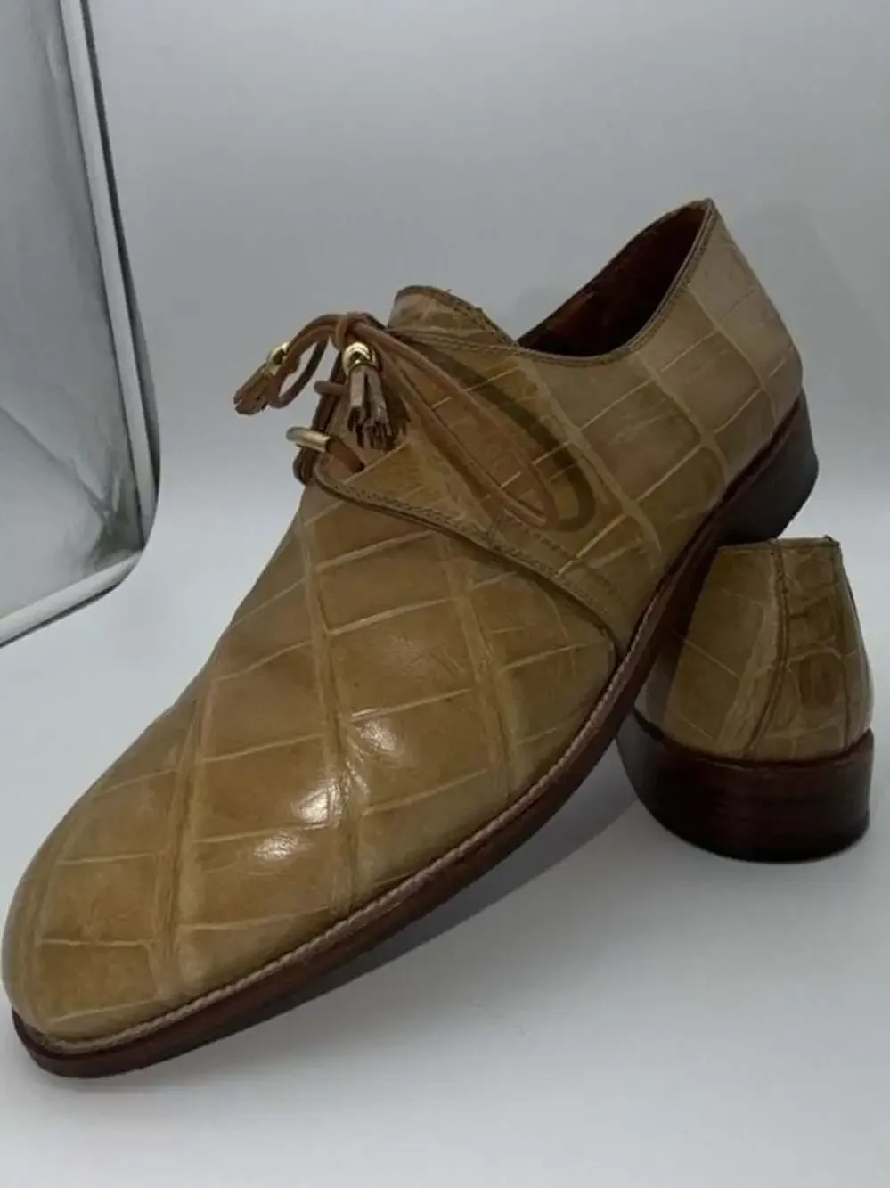 Davanzati Italy Tan Alligator Embossed Leather Tassel Lace Up Shoes Size 9.5